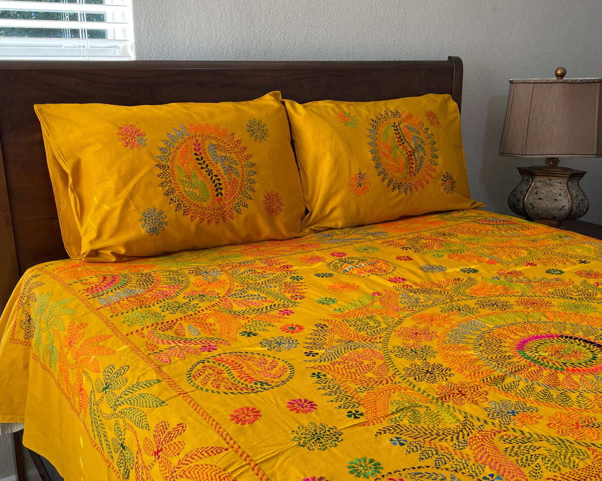 Emerald Canopy Hand-stitched Cotton Bedspread