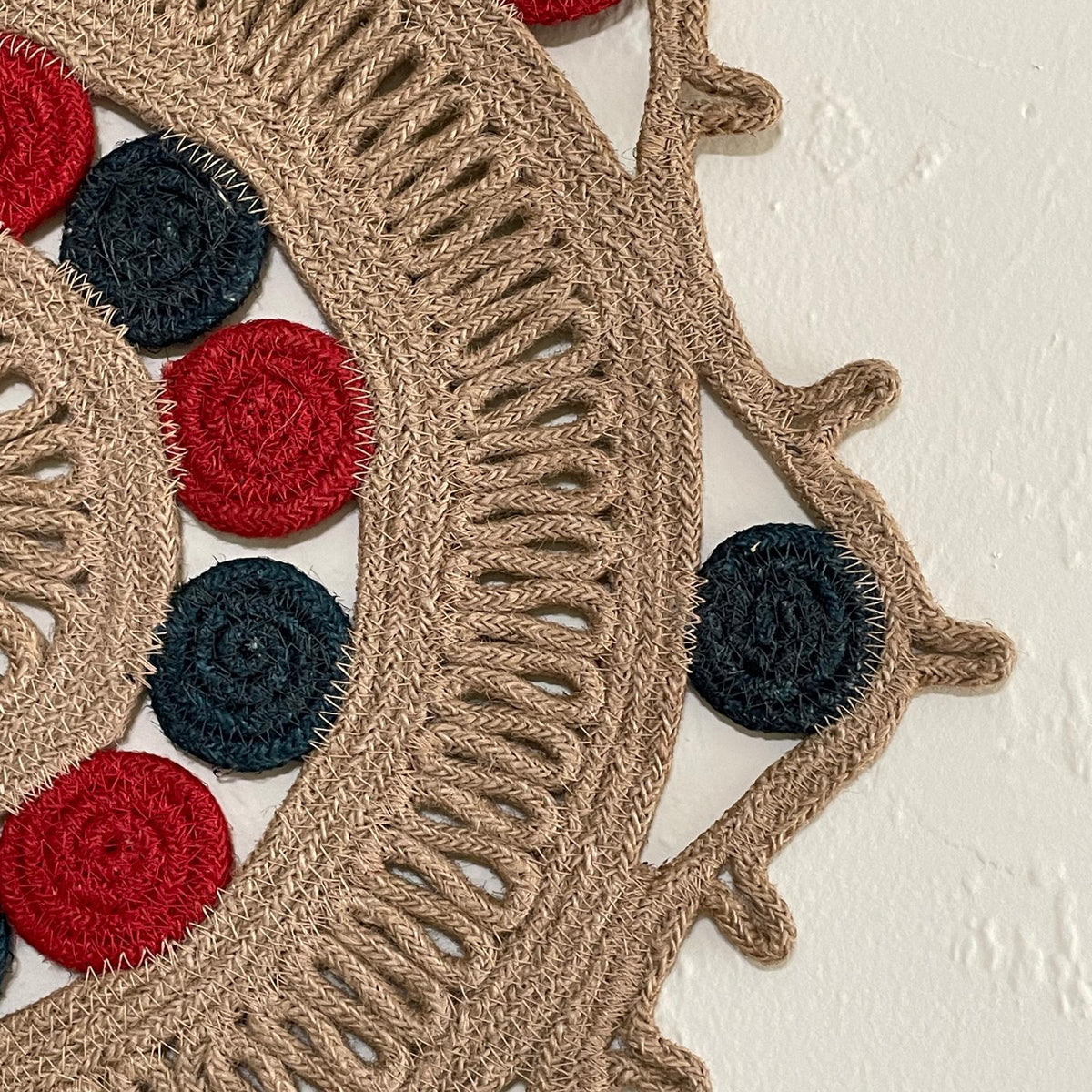Curated visual reference: Picture Idea: Handmade Jute Wall Art Beige Red Navy Mandala Design