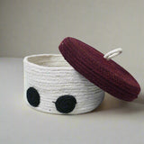 Handcrafted Round Jute Storage Basket with Maroon Lid and Dots - ETTYL