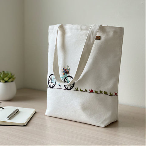 Bicycle Motif Tote – Hand-Embroidered, Waterproof & Eco-Friendly