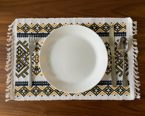 Handloomed Cotton Placemats – Mustard & Black Folkloric Print (Set of 4/6)