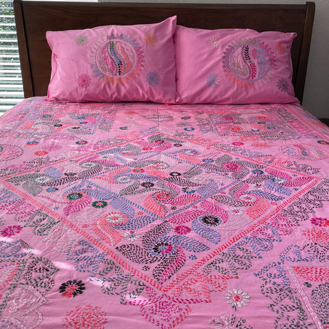 Hand Embroidered Pink Cotton Bedspread Set with Pillow Covers