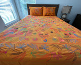 Hand Embroidered Orange-Gold Cotton Bedspread with Pillow Covers - ETTYL