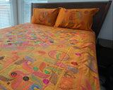 Hand Embroidered Orange-Gold Cotton Bedspread with Pillow Covers - ETTYL