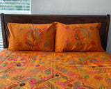 Hand Embroidered Orange-Gold Cotton Bedspread with Pillow Covers - ETTYL