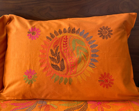 Hand Embroidered Orange-Gold Cotton Bedspread with Pillow Covers