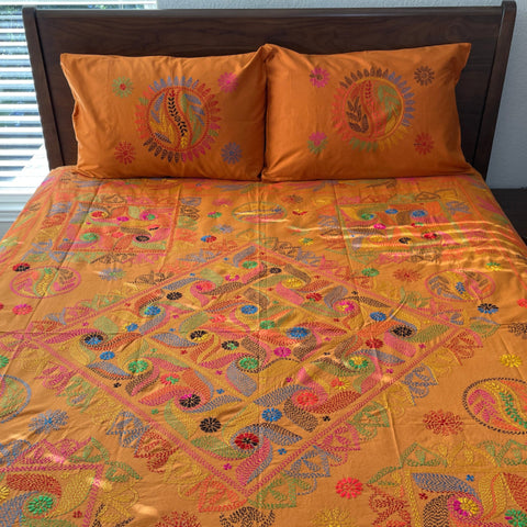 Hand Embroidered Orange-Gold Cotton Bedspread with Pillow Covers