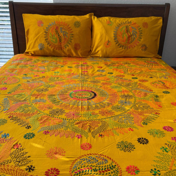 Hand-Embroidered Yellow Cotton Bedspread Set with Kantha Stitching - ETTYL