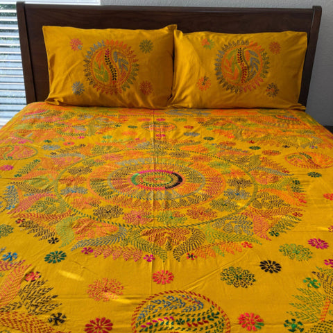 Hand-Embroidered Yellow Cotton Bedspread Set with Kantha Stitching