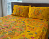 Hand-Embroidered Yellow Cotton Bedspread Set with Kantha Stitching - ETTYL