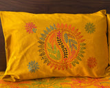 Hand-Embroidered Yellow Cotton Bedspread Set with Kantha Stitching - ETTYL