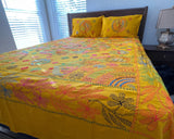 Hand-Embroidered Yellow Cotton Bedspread Set with Kantha Stitching - ETTYL