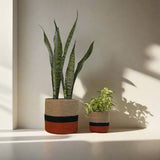 Set of 3 Hand-Braided Jute Planters with Plastic Liners – Bold Black & Terracotta Stripe Design - ETTYL