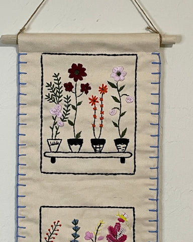 Hand-Embroidered Floral Wall Hanging – Botanical Canvas Decor