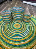 Handmade Jute Rug and Planter Basket Set in Teal and Mustard - Best For Florida Homes - ETTYL