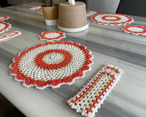 Handmade Crochet Table Placemat Set – Boho Cotton Dining Decor in Orange, White & Beige