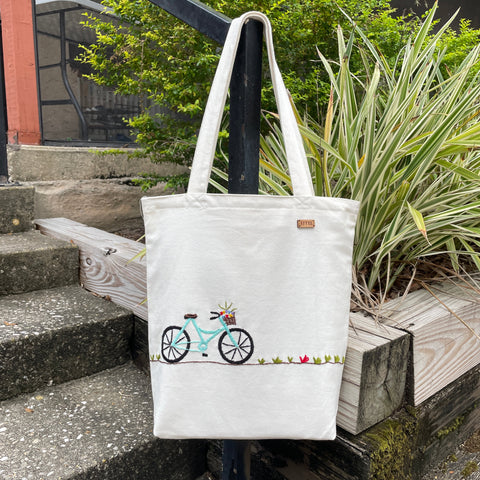 Bicycle Motif Tote – Hand-Embroidered, Waterproof & Eco-Friendly