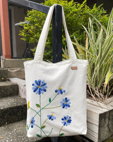 Blue Flowers Tote – Hand-Embroidered, Waterproof & Eco-Friendly