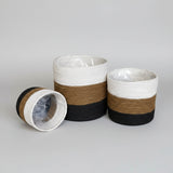 Set of 3 Hand-Braided Jute Planters – Rustic White, Brown & Black