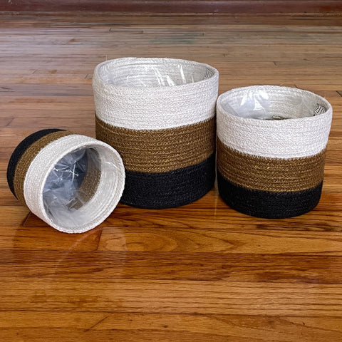 Set of 3 Hand-Braided Jute Planters – Rustic White, Brown & Black
