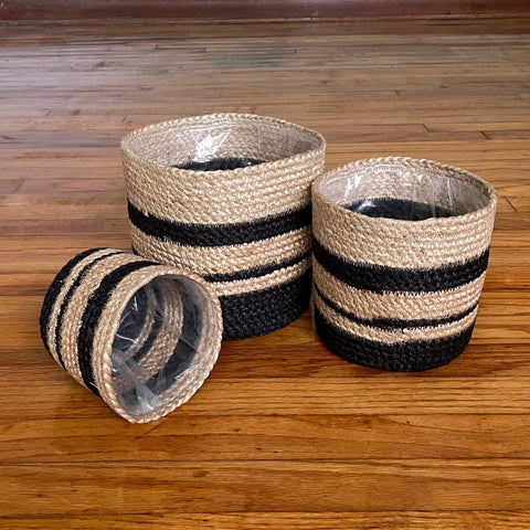 Set of 3 Hand-Braided Jute Planters – Natural & Black Rustic Style