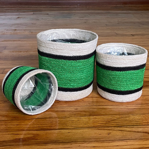 Set of 3 Jute Planters – Green Stripe with Black & Natural Accents