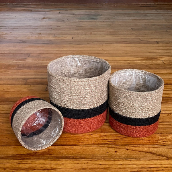 Set of 3 Jute Planters – Beige, Black & Terracotta Color-Block Design