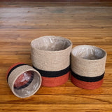 Set of 3 Jute Planters – Beige, Black & Terracotta Color-Block Design
