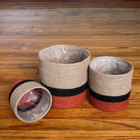 Set of 3 Jute Planters – Beige, Black & Terracotta Color-Block Design
