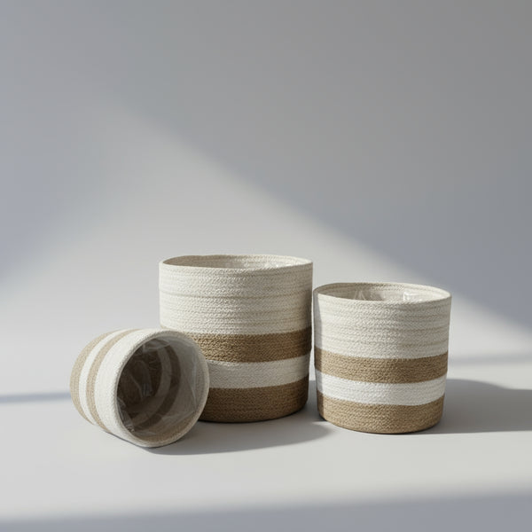 Set of 3 Jute Planters – Beige & Taupe Hand-Braided Neutral Decor