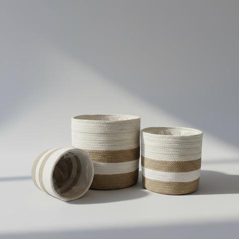 Set of 3 Jute Planters – Beige & Taupe Hand-Braided Neutral Decor