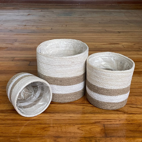 Set of 3 Jute Planters – Beige & Taupe Hand-Braided Neutral Decor