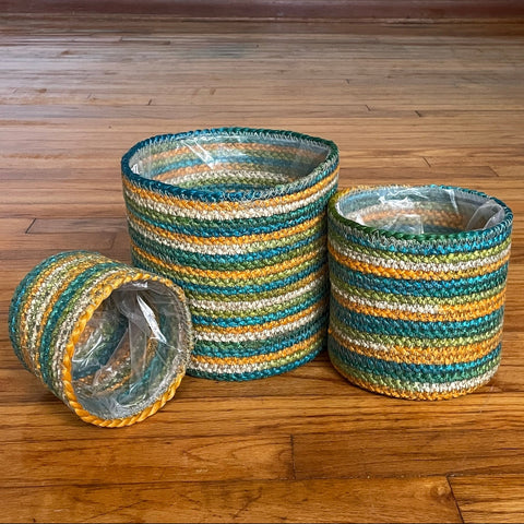 Set of 3 Hand-Braided Jute Planters – Green, Teal, Mustard, Beige