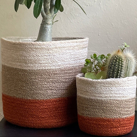 Set of 3 Hand-Braided Jute Planters – Terracotta-Inspired Tones
