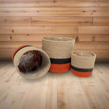 Set of 3 Jute Planters – Beige, Black & Terracotta Color-Block Design - ETTYL