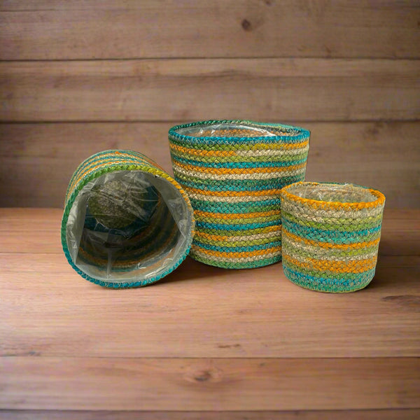 Set of 3 Hand-Braided Jute Planters – Green, Teal, Mustard, Beige