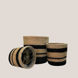 Set of 3 Hand-Braided Jute Planters with Plastic Liners – Classic Black & Natural Striped Design for Bold, Modern Styling - ETTYL