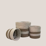 Set of 3 Hand-Braided Jute Planters with Plastic Liners – Neutral Beige & Taupe Striped Design for Calm, Minimal Decor - ETTYL