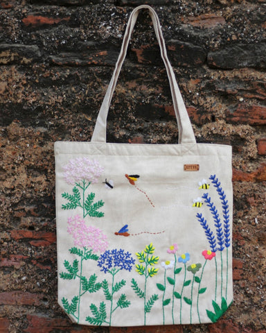 Bees & Blooms Hand-Embroidered Tote – Waterproof & Zipper Closure - ETTYL
