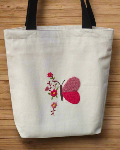 Butterfly & Flowers Tote – Hand-Embroidered, Waterproof, Eco-Friendly