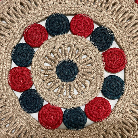 Handmade Jute Wall Art – Beige, Red & Navy Mandala Design