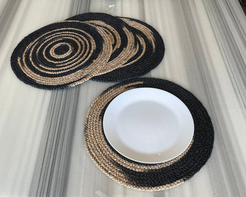Hand-Braided Jute Placemats – Spiral Design, Natural & Black (Set of 4/6)
