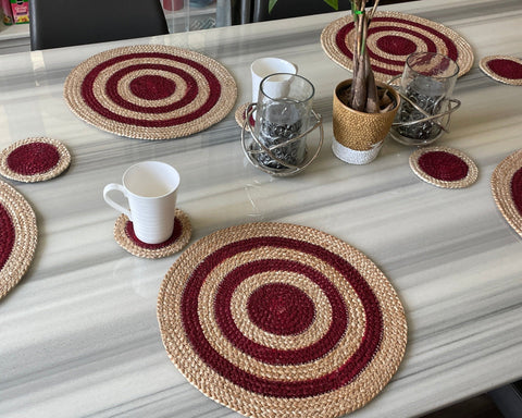 Reversible Hand-Braided Jute Placemats – Natural & Burgundy (Set of 4/6)