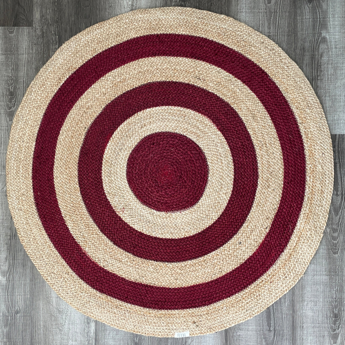 Round Jute Rug – Burgandy & Natural Striped Handwoven Boho Mat – ETTYL