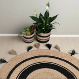 Round Jute Rug with Black Tassels – Handwoven Boho Floor Mat