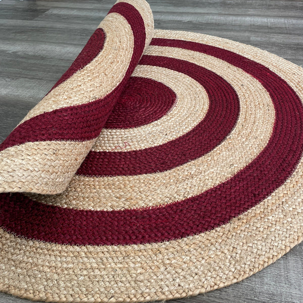 Round Jute Rug – Red & Natural Striped Handwoven Boho Mat