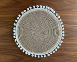 Hand-Braided Jute Placemats with Pom-Pom Trim – Round, Natural (Set of 4/6)