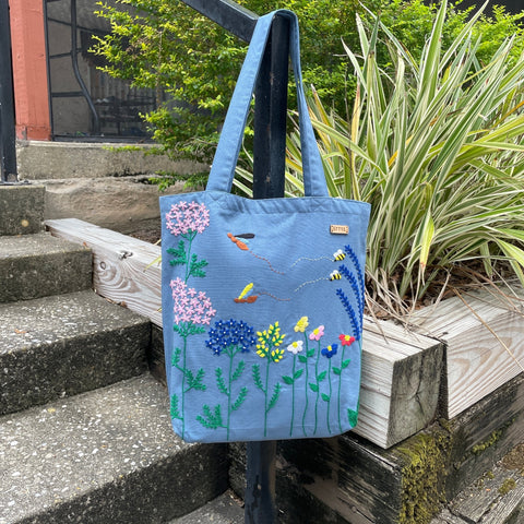 Flowers & Bees Tote – Hand-Embroidered, Waterproof & Eco-Friendly