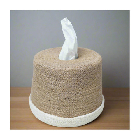 Handcrafted Round Jute Tissue Box Cover with Cream Accent