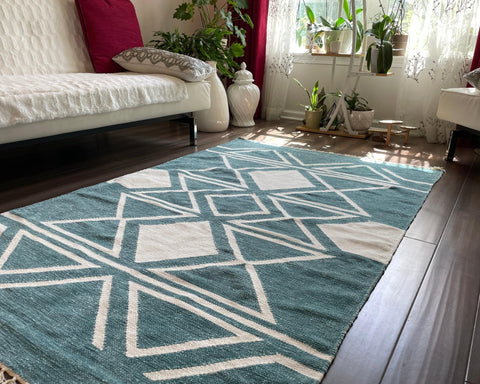 Geometric Chenille Rug – Teal & White, Handloomed – 3x5 & 4x6
